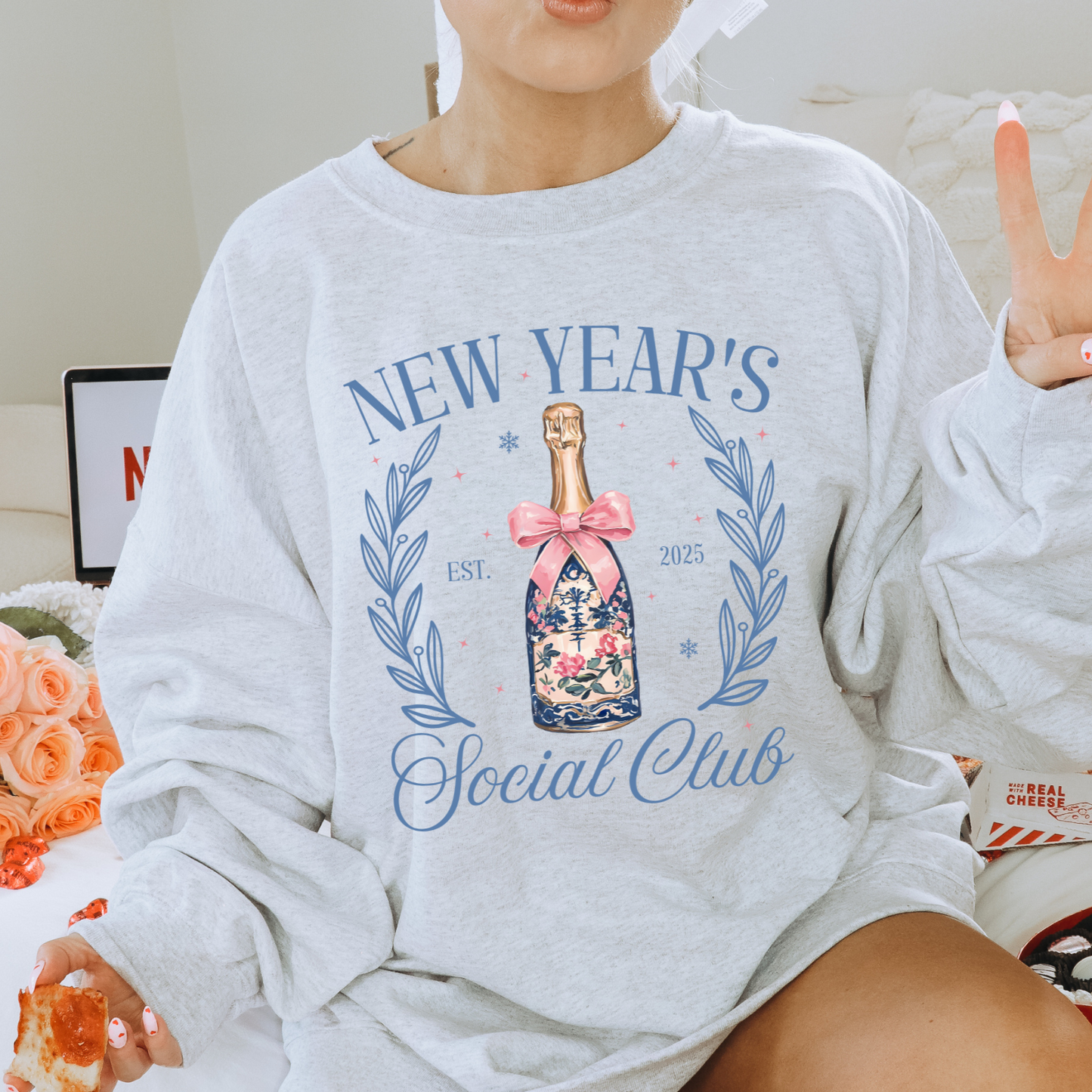 New Years Social Club Pullover Sweatshirt, Women's Holiday Crewneck