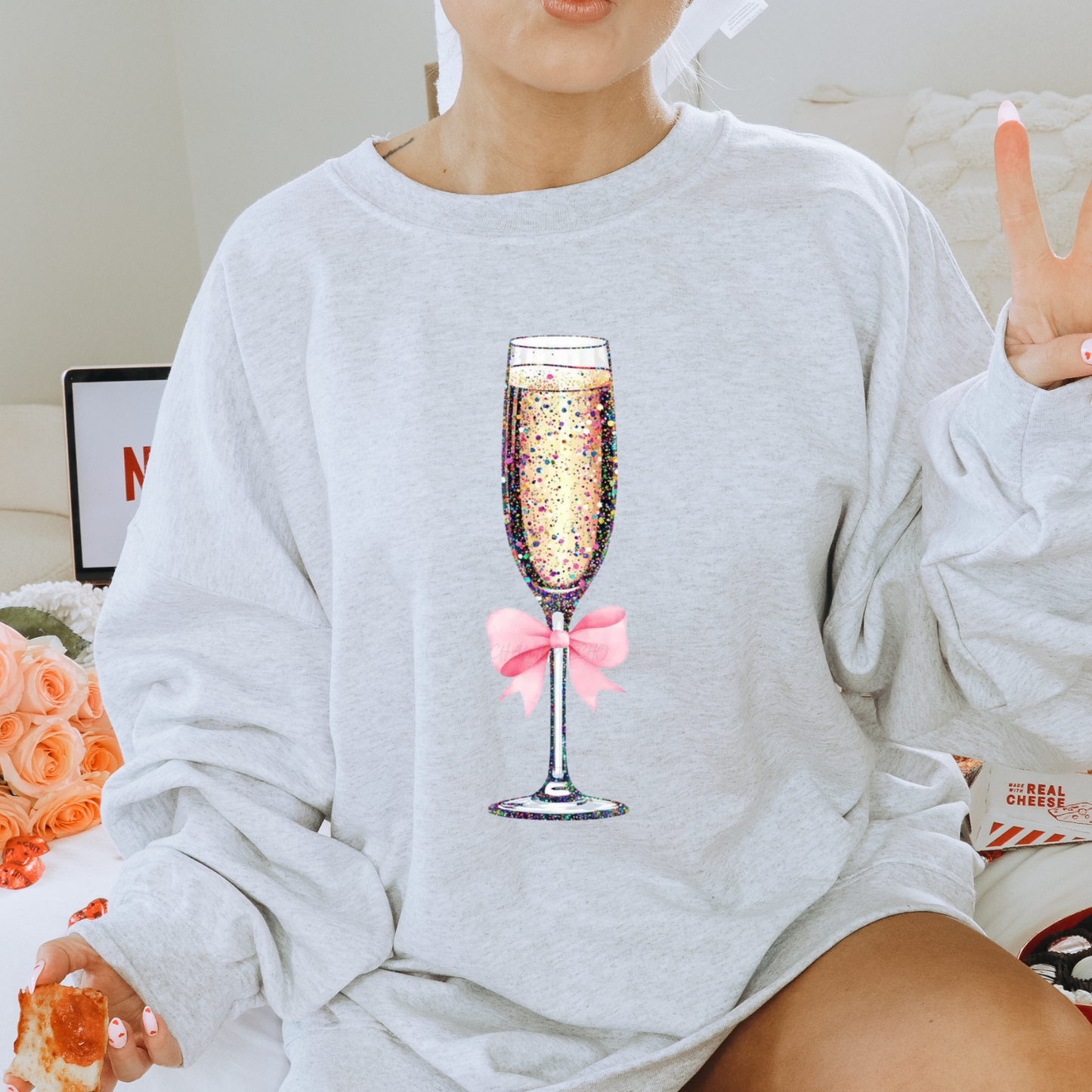 Champagne Bow Pullover Sweatshirt, Women's Holiday Crewneck