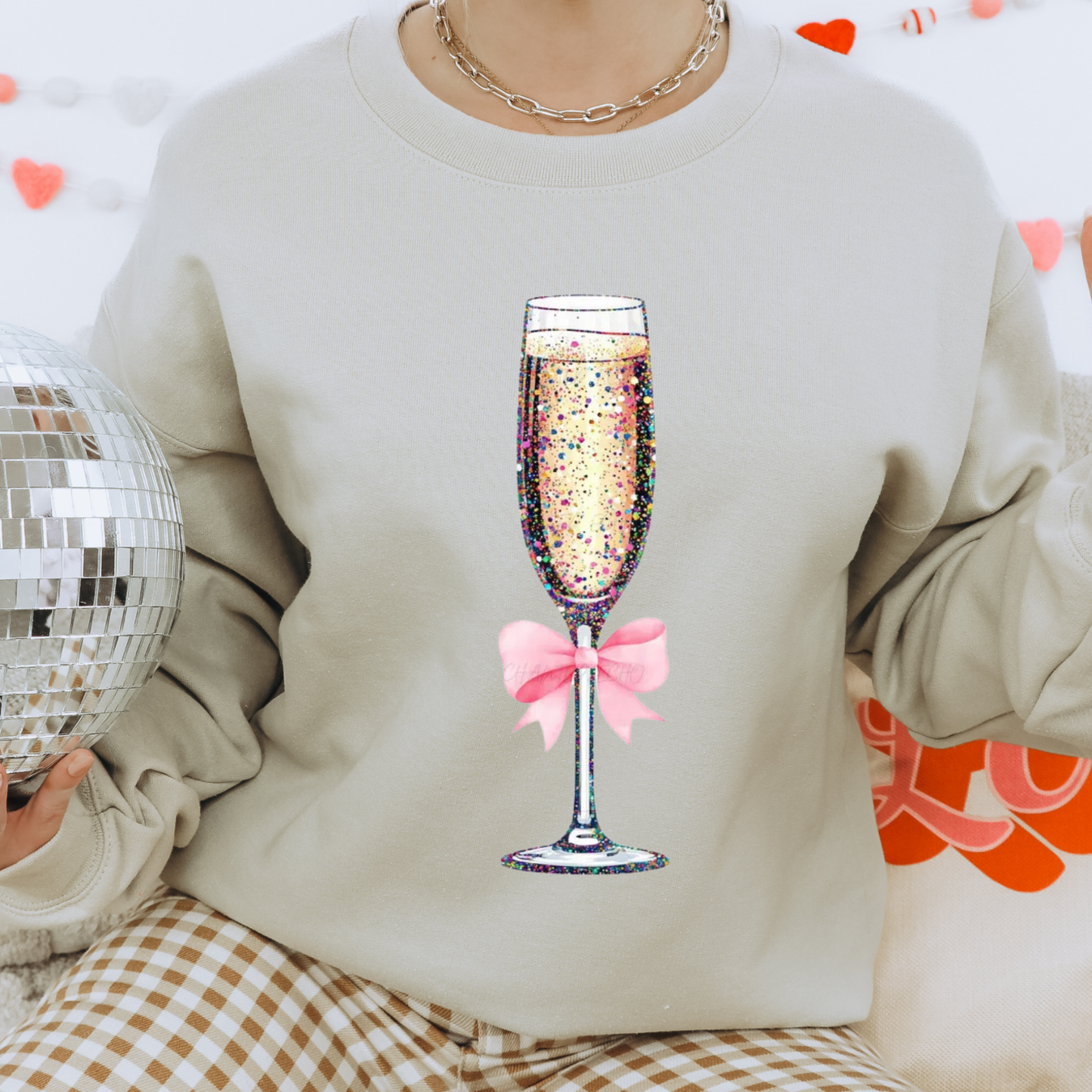 Champagne Bow Pullover Sweatshirt, Women's Holiday Crewneck