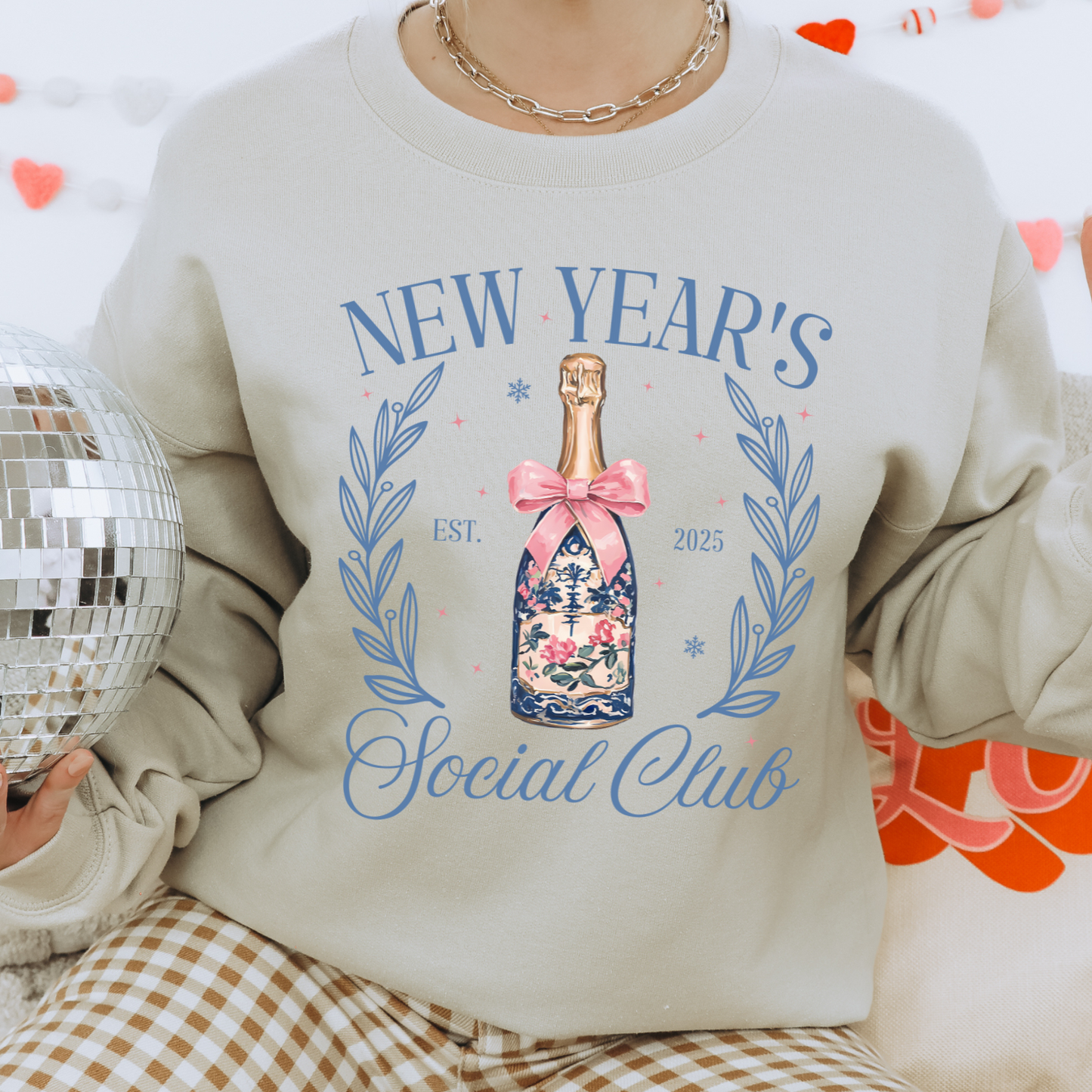 New Years Social Club Pullover Sweatshirt, Women's Holiday Crewneck