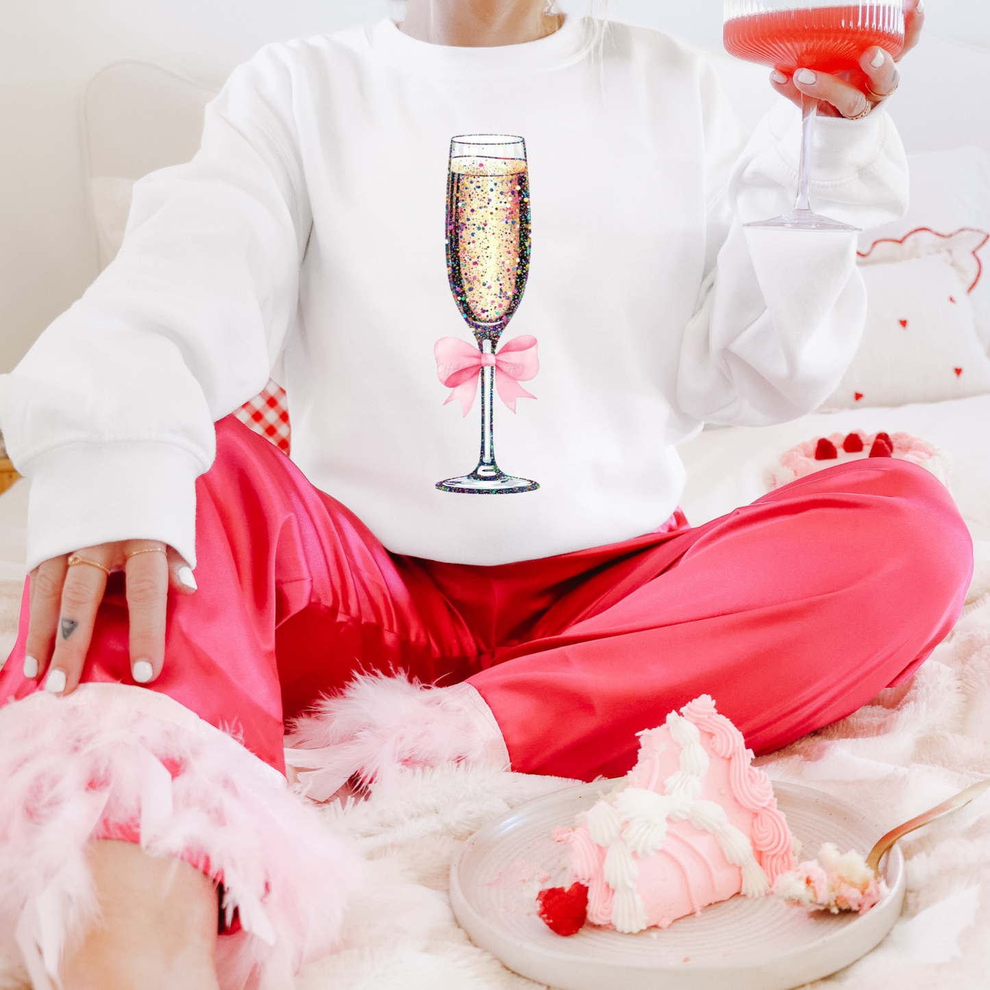 Champagne Bow Pullover Sweatshirt, Women's Holiday Crewneck