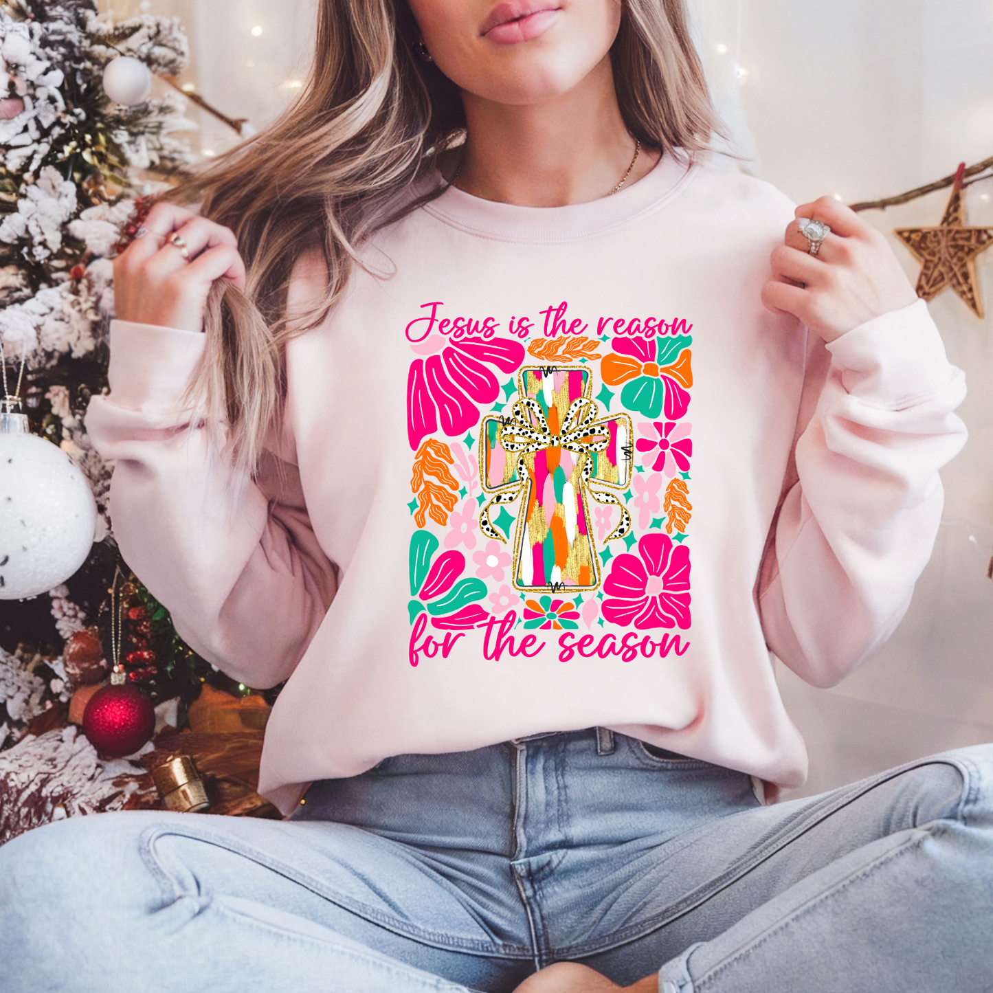 Boho Floral Jesus Is The Reason Pullover Sweatshirt, Women's Holiday Crewneck