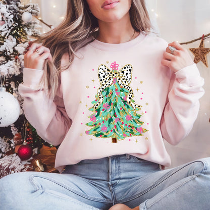 Glitter Coquette Christmas Tree Pullover Sweatshirt, Women's Holiday Crewneck