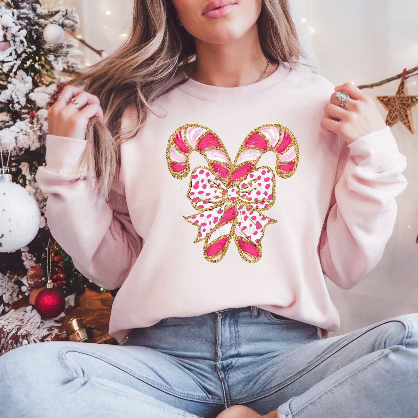 Pink Candy Cane Bow Christmas Pullover Sweatshirt, Women's Holiday Crewneck