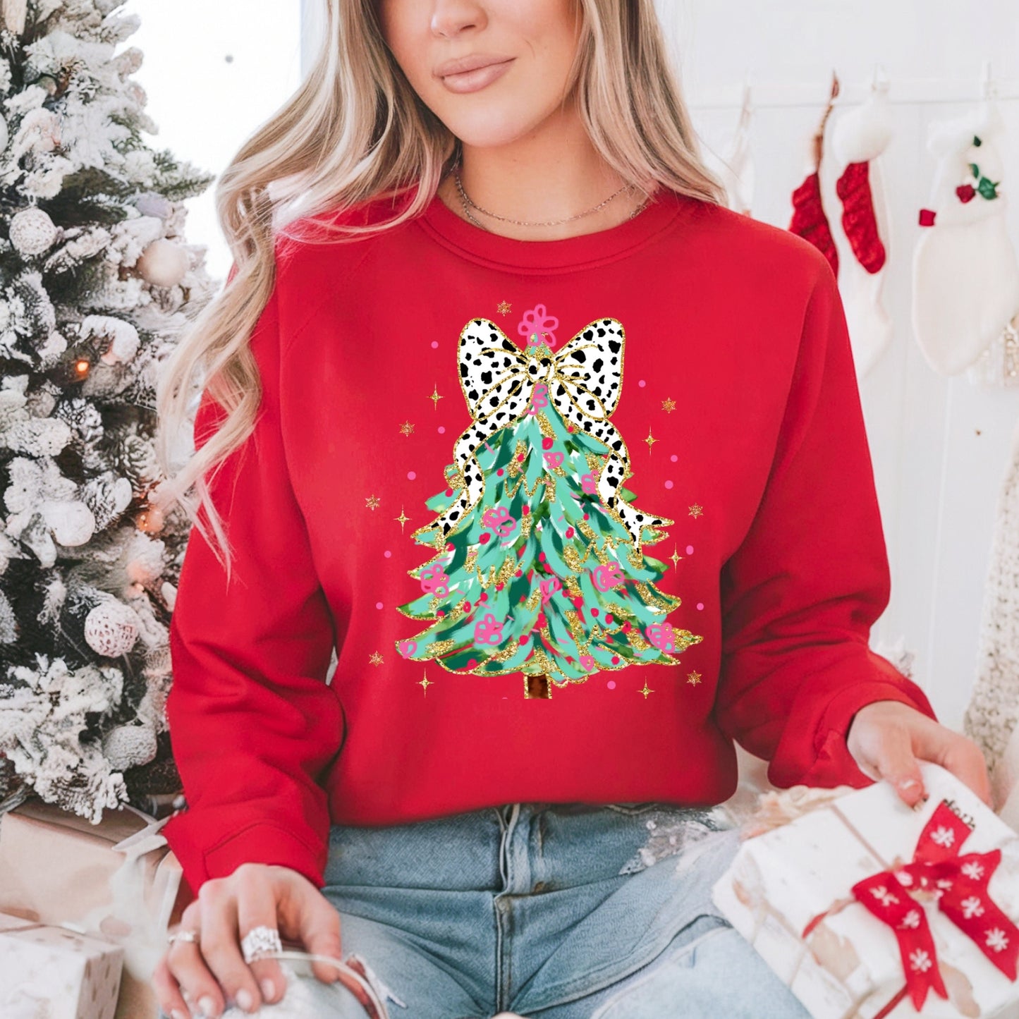 Glitter Coquette Christmas Tree Pullover Sweatshirt, Women's Holiday Crewneck