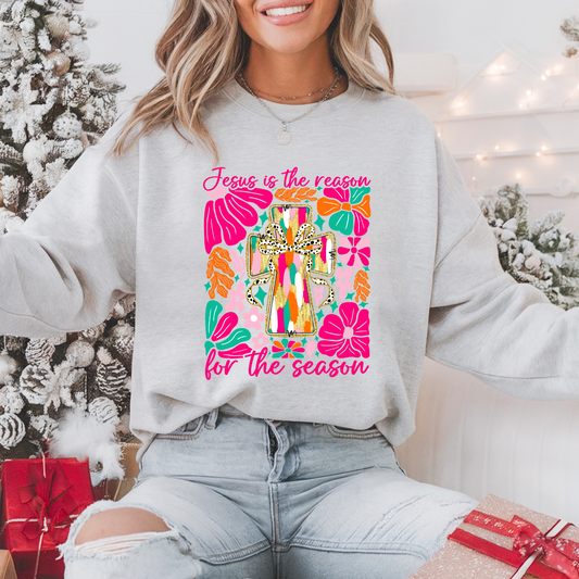 Boho Floral Jesus Is The Reason Pullover Sweatshirt, Women's Holiday Crewneck