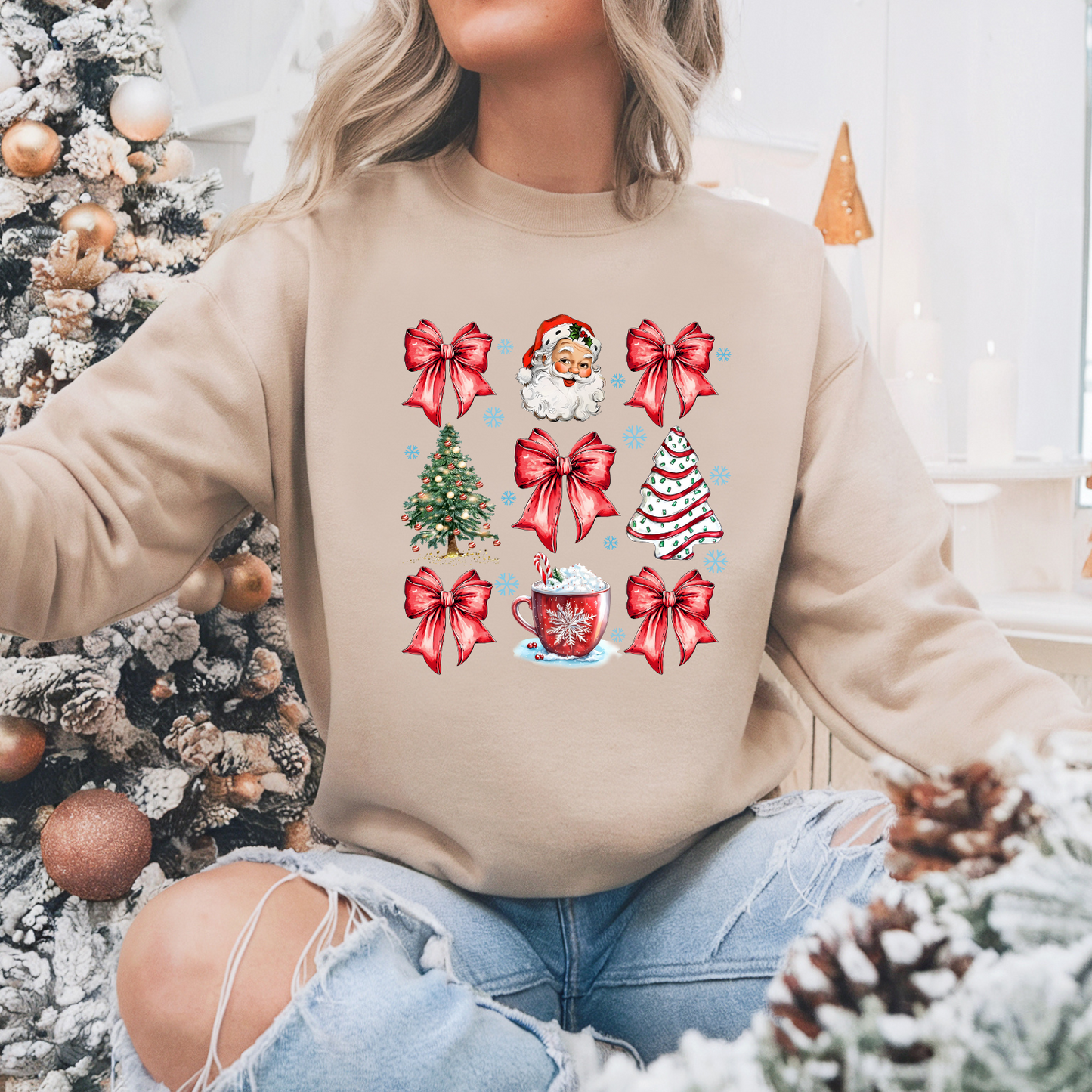 Coquette Christmas Tree Cake Pullover Sweatshirt, Women's Holiday Crewneck