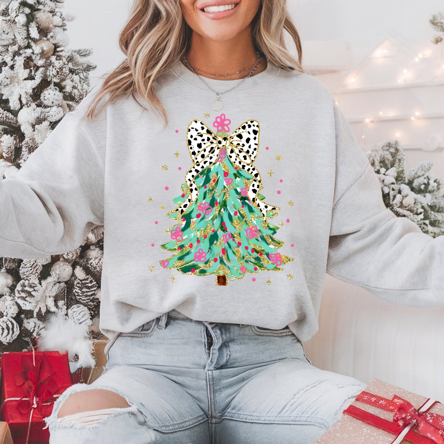 Glitter Coquette Christmas Tree Pullover Sweatshirt, Women's Holiday Crewneck