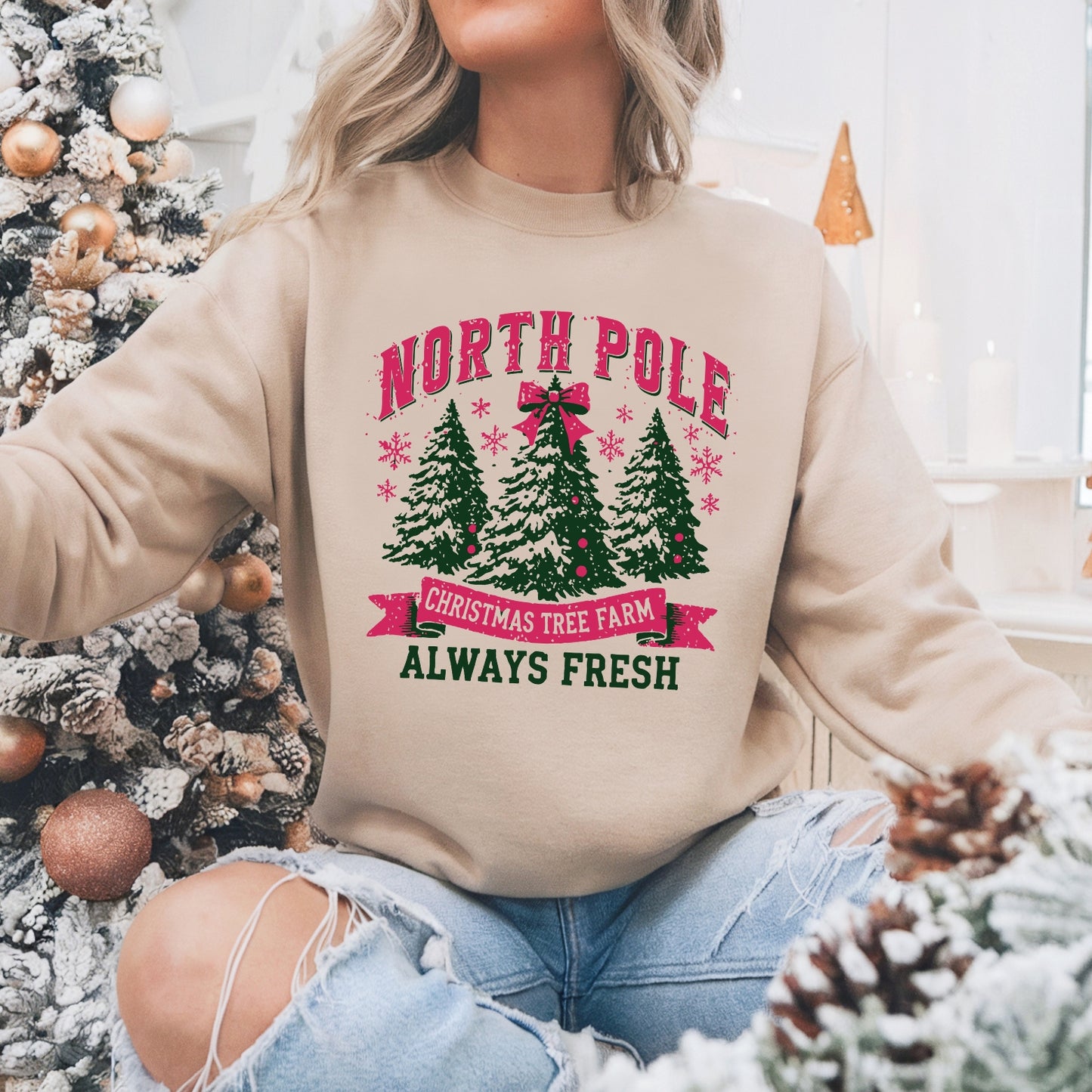 North Pole Christmas Tree Farm Pullover Sweatshirt, Women's Holiday Crewneck