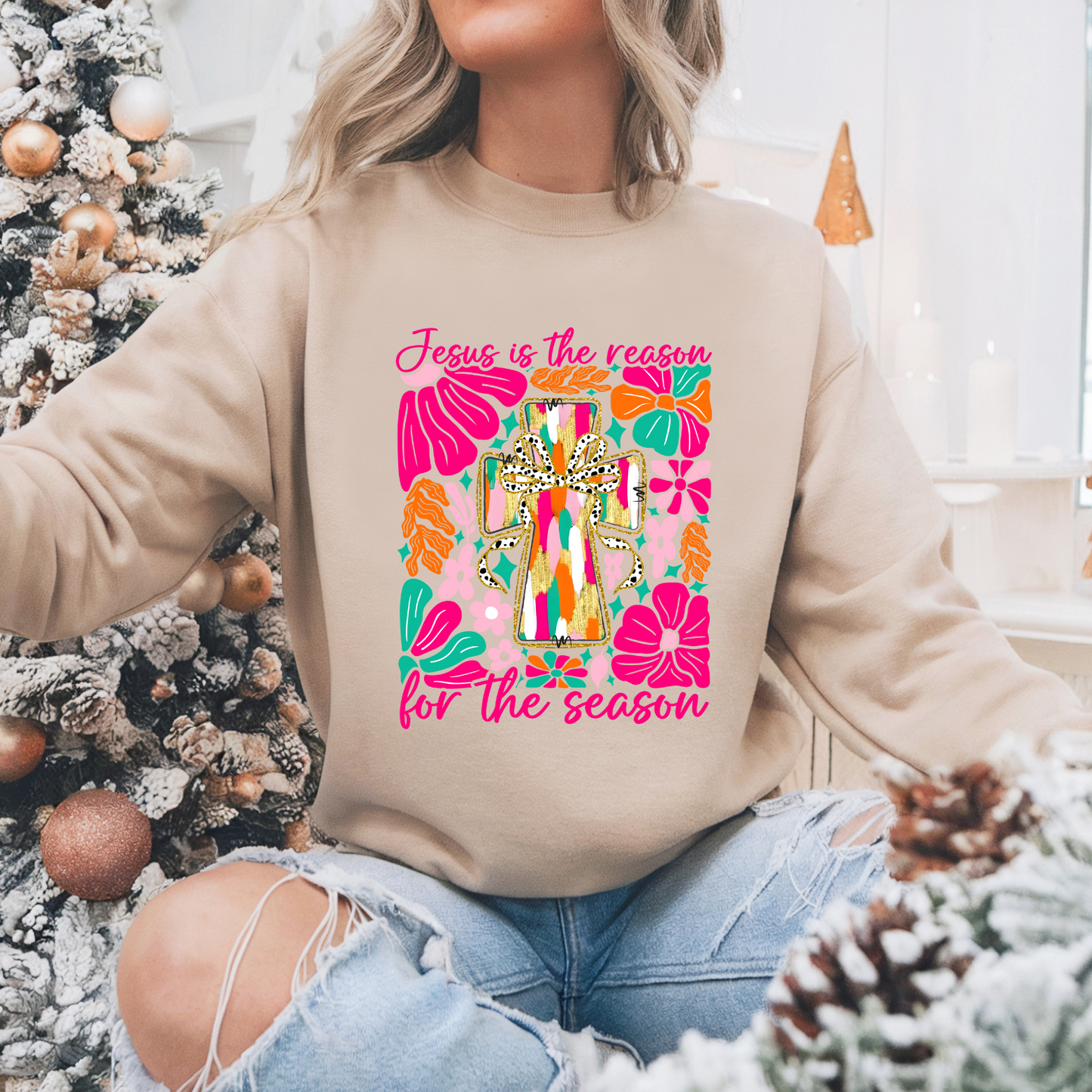 Boho Floral Jesus Is The Reason Pullover Sweatshirt, Women's Holiday Crewneck