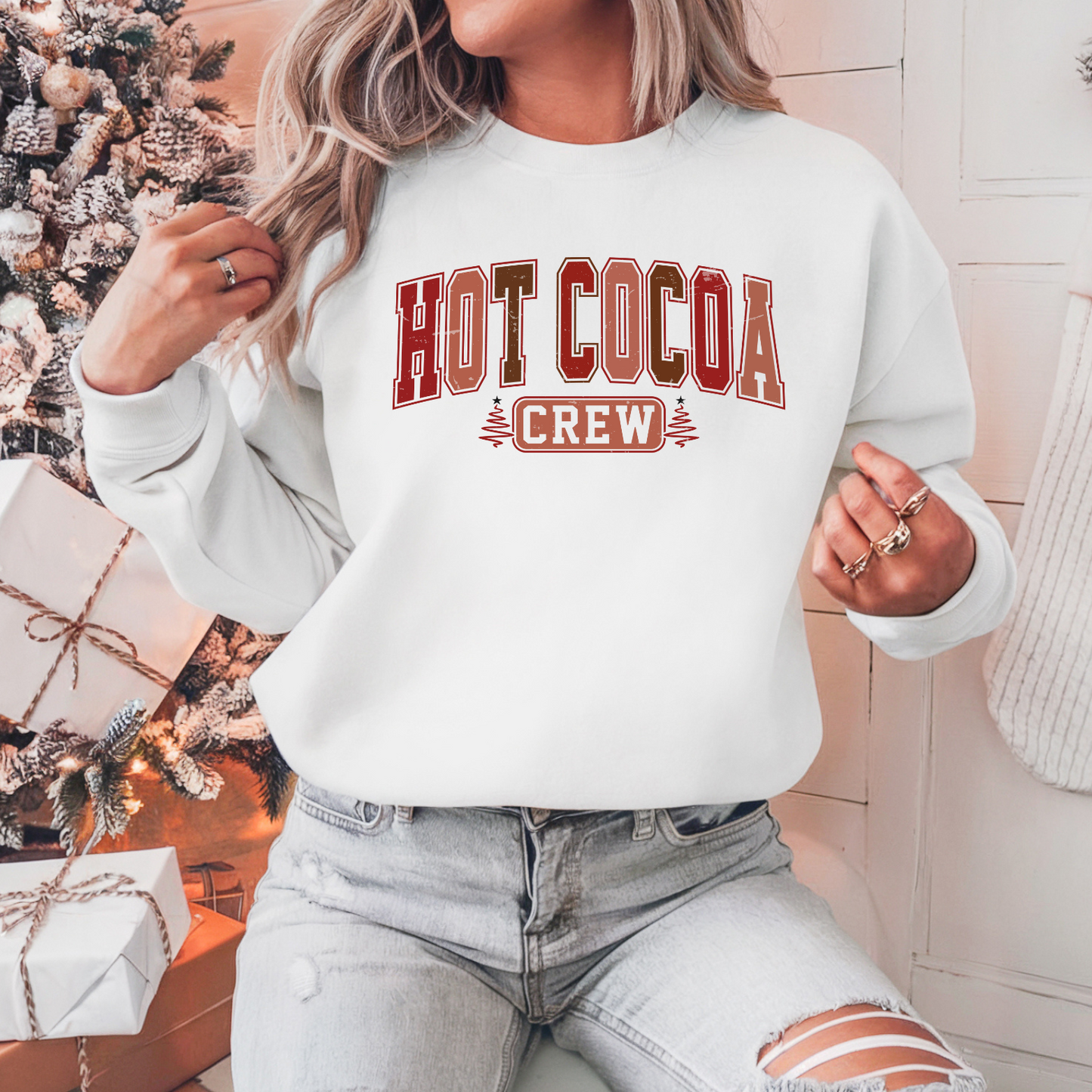 Hot Cocoa Crew Pullover Sweatshirt, Women's Holiday Crewneck