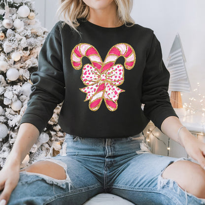 Pink Candy Cane Bow Christmas Pullover Sweatshirt, Women's Holiday Crewneck