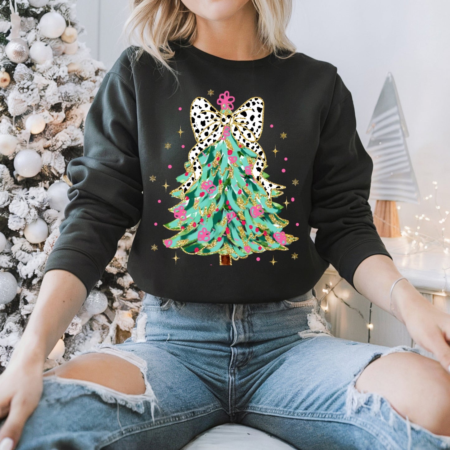 Glitter Coquette Christmas Tree Pullover Sweatshirt, Women's Holiday Crewneck