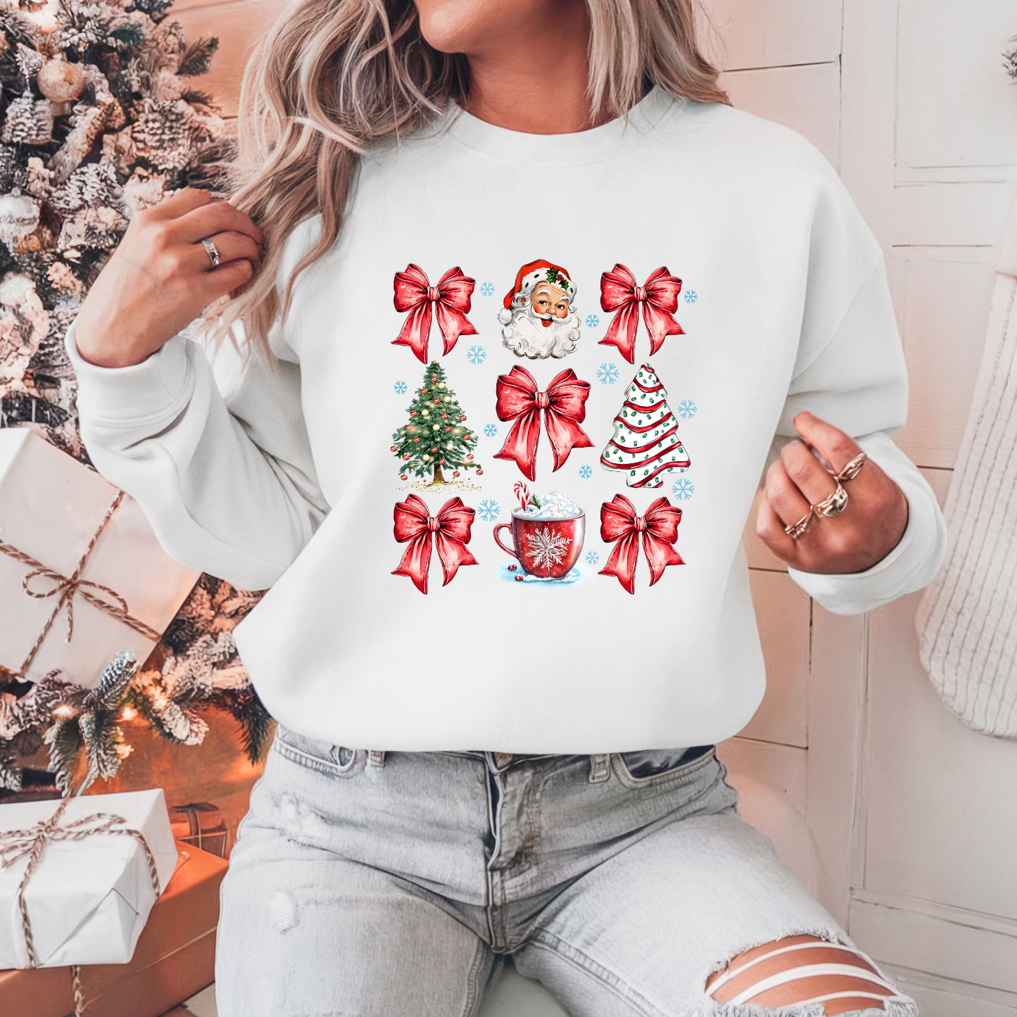 Coquette Christmas Tree Cake Pullover Sweatshirt, Women's Holiday Crewneck