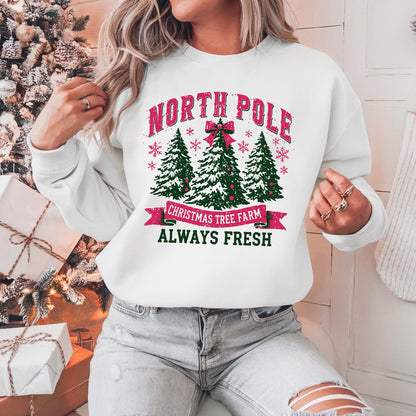 North Pole Christmas Tree Farm Pullover Sweatshirt, Women's Holiday Crewneck