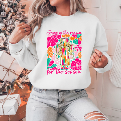 Boho Floral Jesus Is The Reason Pullover Sweatshirt, Women's Holiday Crewneck