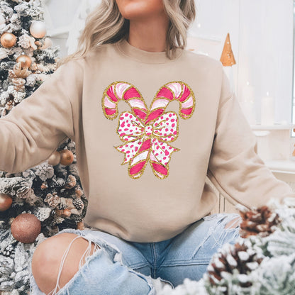 Pink Candy Cane Bow Christmas Pullover Sweatshirt, Women's Holiday Crewneck