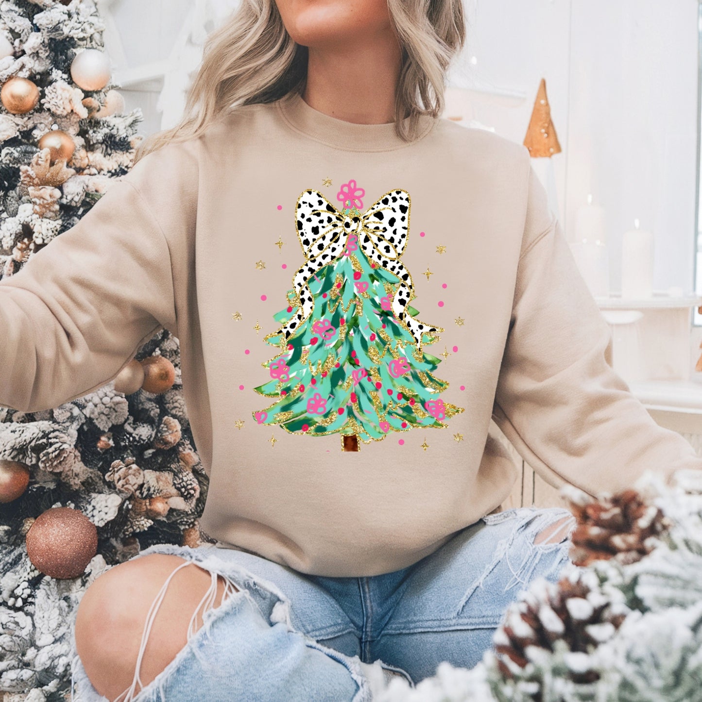 Glitter Coquette Christmas Tree Pullover Sweatshirt, Women's Holiday Crewneck