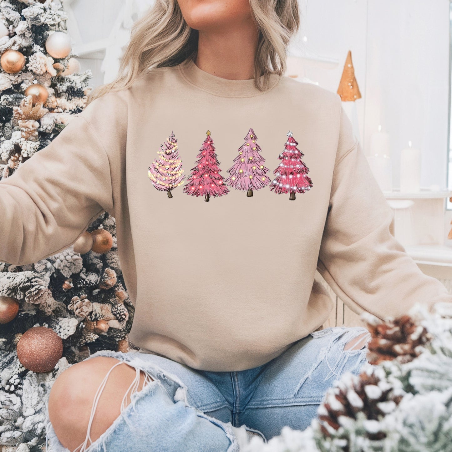 Pink Christmas Tree Pullover Sweatshirt, Women's Holiday Crewneck