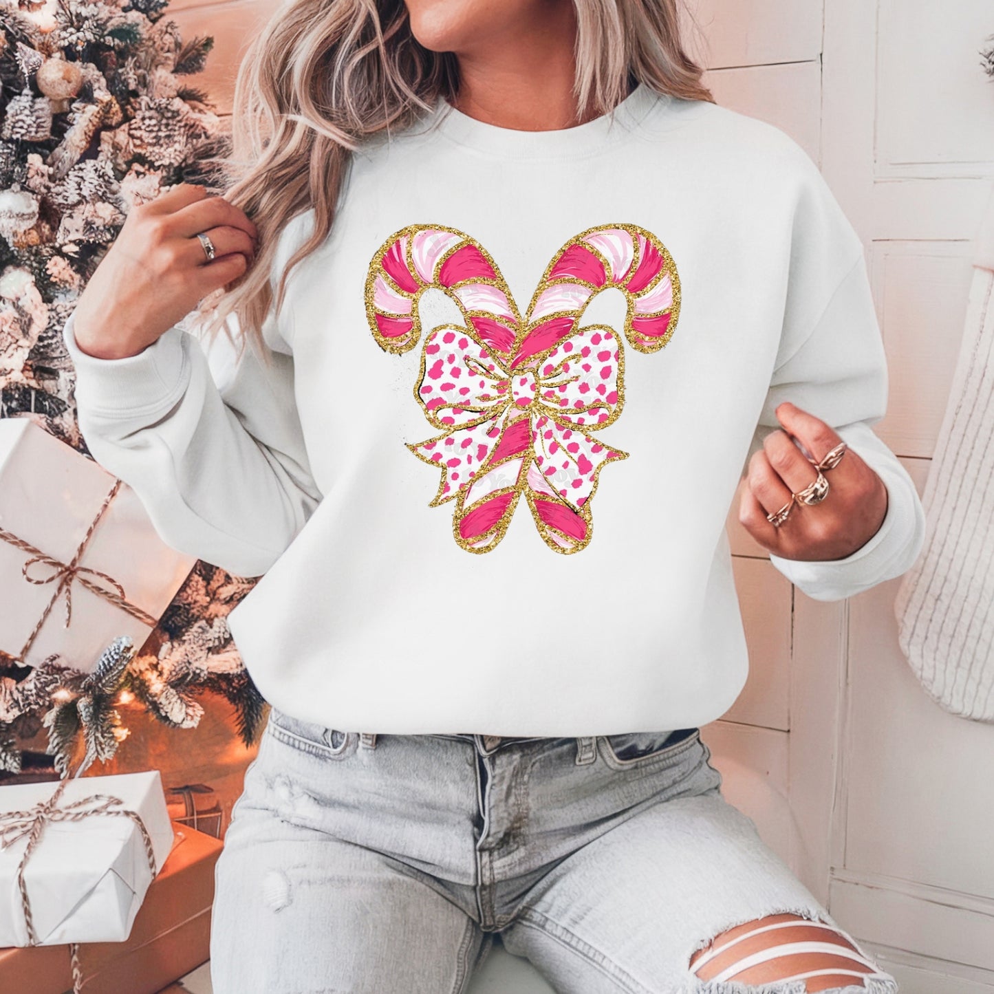 Pink Candy Cane Bow Christmas Pullover Sweatshirt, Women's Holiday Crewneck