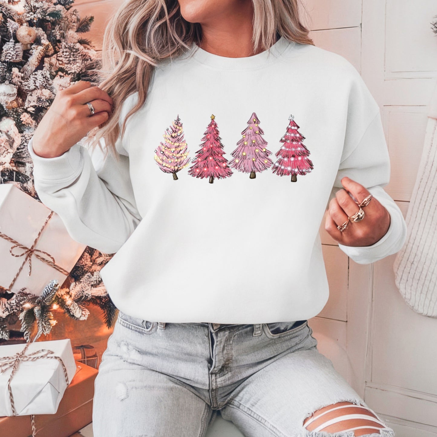 Pink Christmas Tree Pullover Sweatshirt, Women's Holiday Crewneck