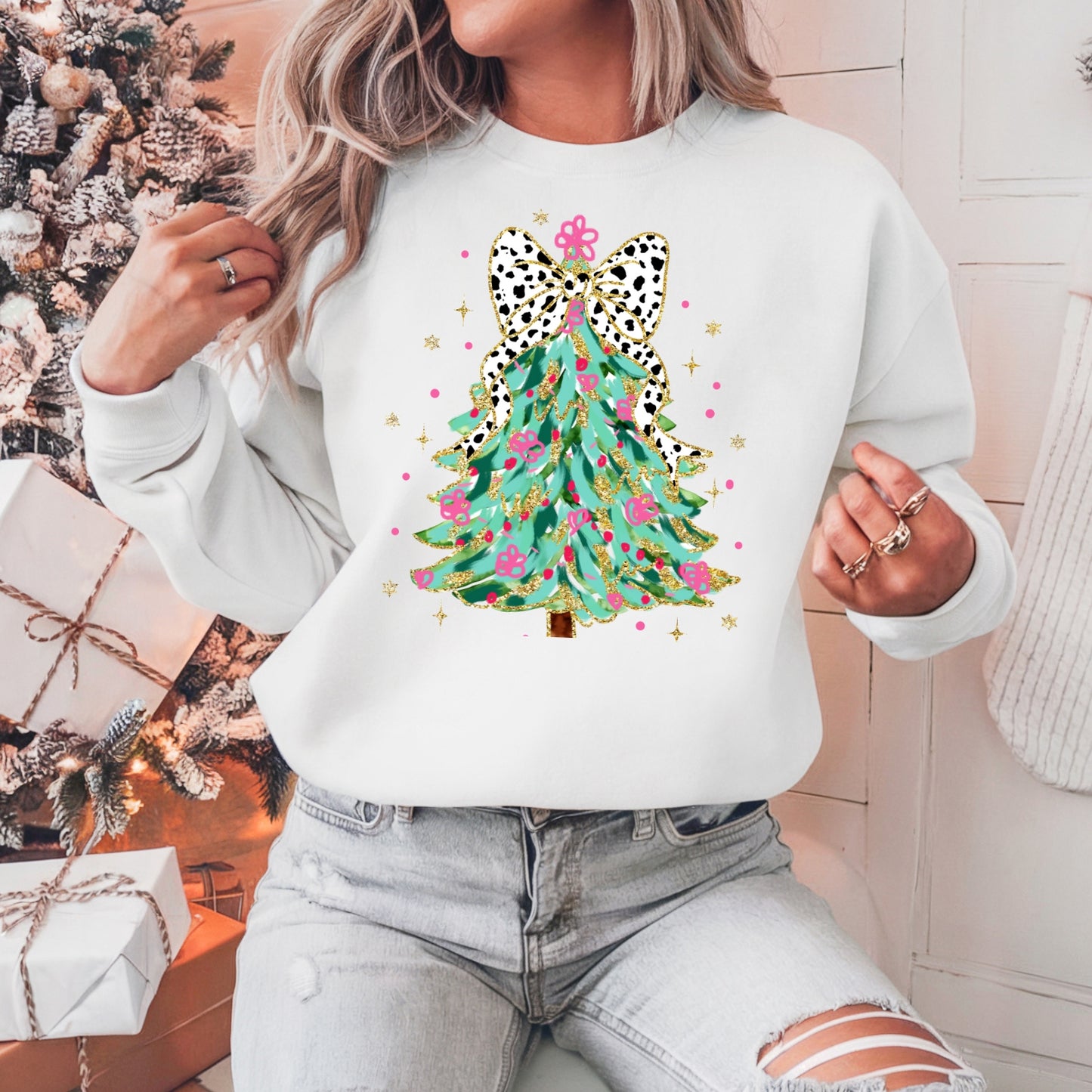 Glitter Coquette Christmas Tree Pullover Sweatshirt, Women's Holiday Crewneck