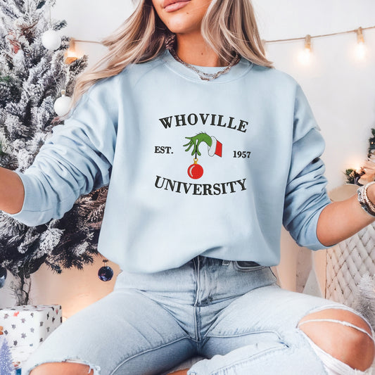 Whoville University Embroidered Pullover Sweatshirt, Women's Holiday Crewneck