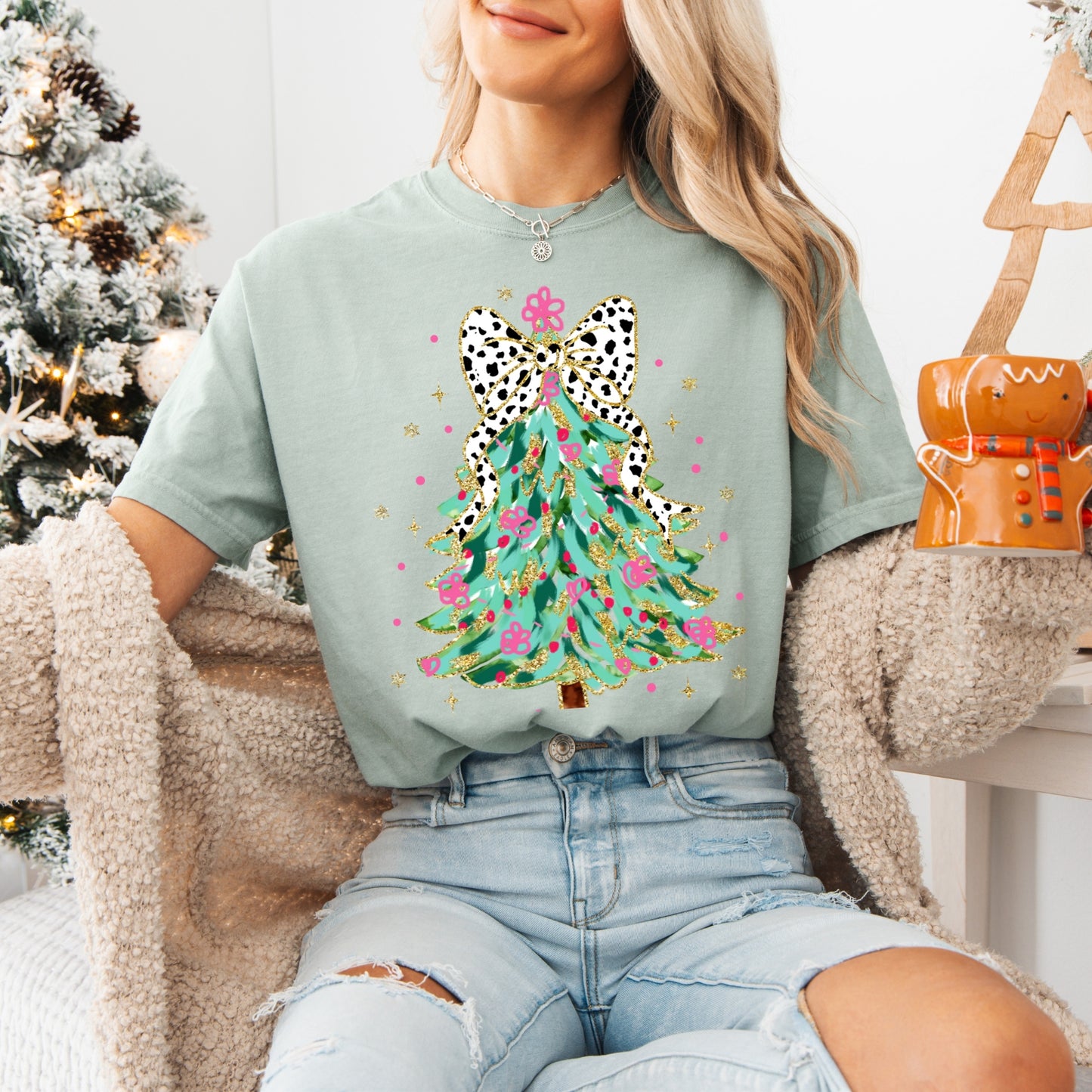 Coquette Glitter Christmas Tree Graphic Tee, Comfort Colors, Women's Holiday Tshirt