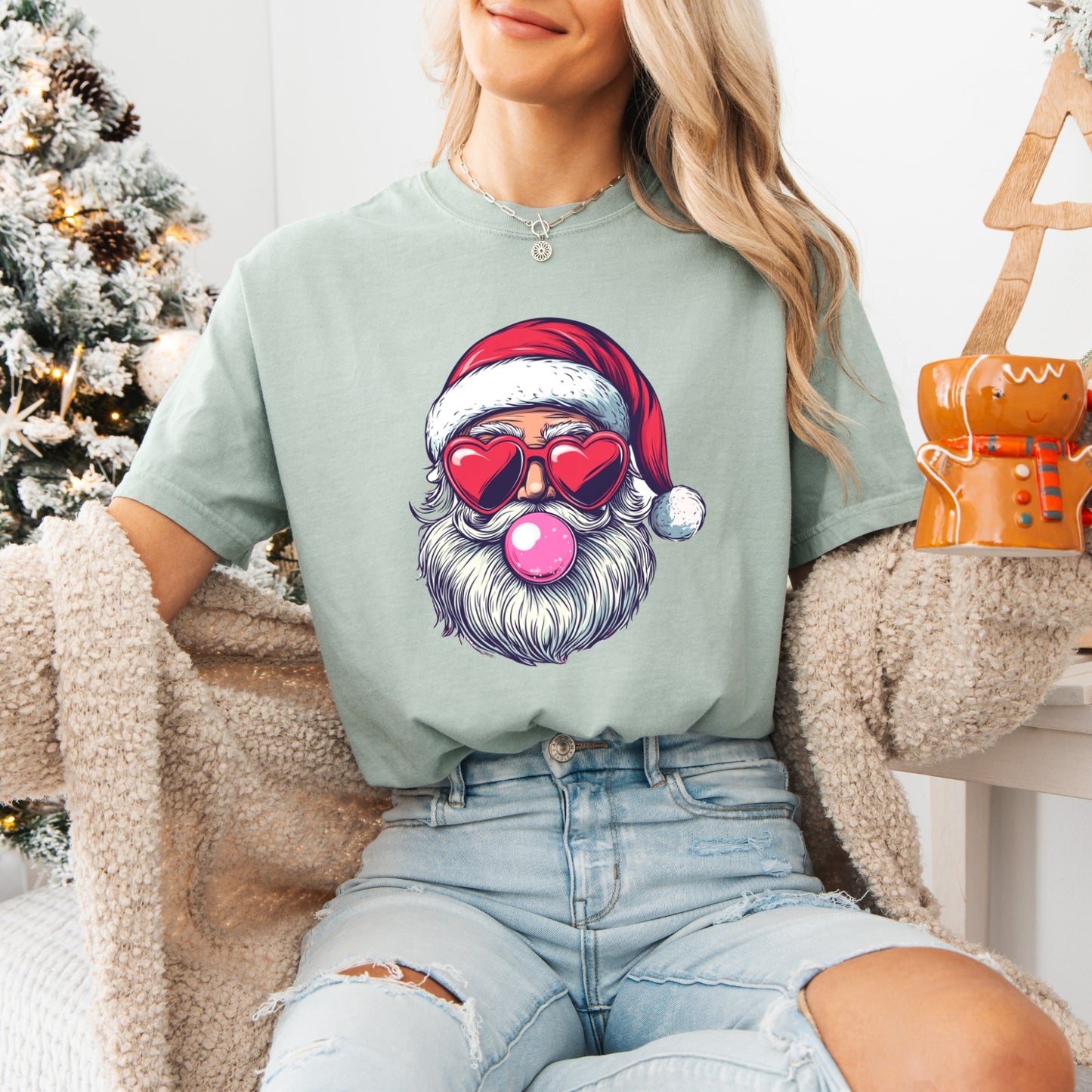 Retro Santa Blowing Bubble Graphic Tee, Comfort Color, Holiday Tshirt, Womens Christmas Tee