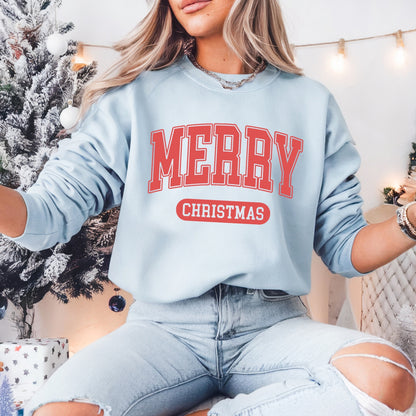 Merry Christmas Embroidered Pullover Sweatshirt, Women's Holiday Crewneck