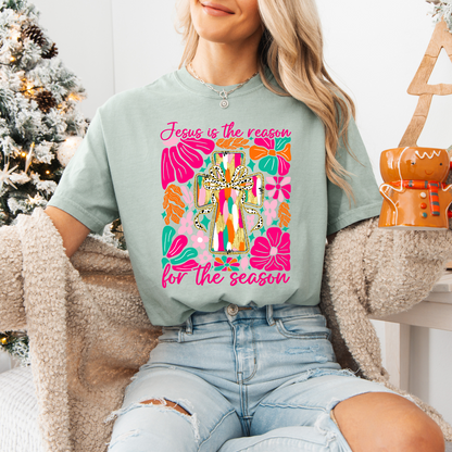 Boho Floral Jesus Is The Reason, Comfort Colors, Winter Holiday Tshirt, Womens Christmas Tee