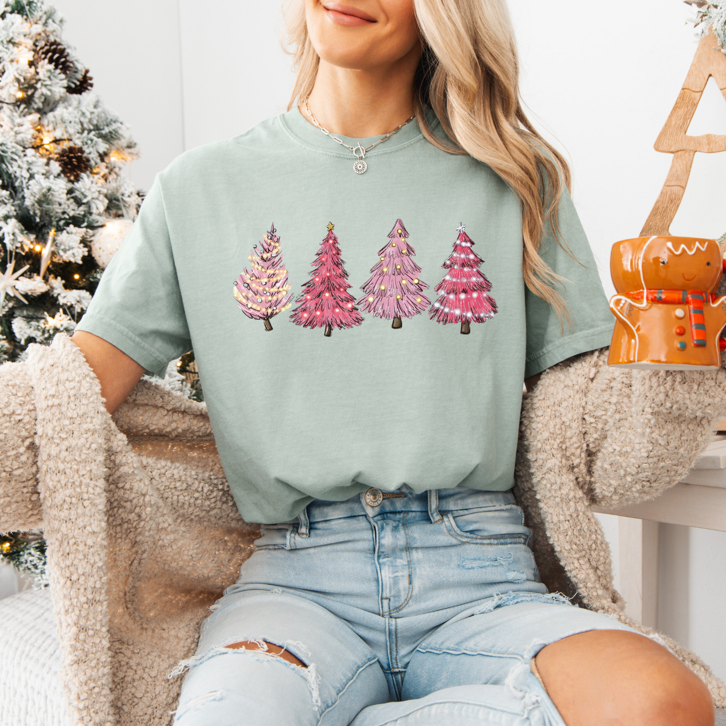 Pink Christmas Tree Comfort Colors, Winter Holiday Tshirt, Womens Christmas Tee