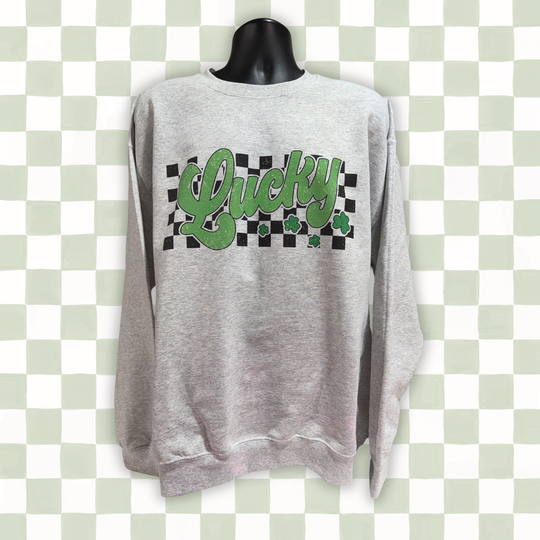 Lucky Checkered St Patricks Day Sweatshirt Gildan, Green Shamrock Irish Celebration