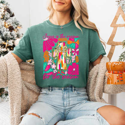 Boho Floral Jesus Is The Reason, Comfort Colors, Winter Holiday Tshirt, Womens Christmas Tee