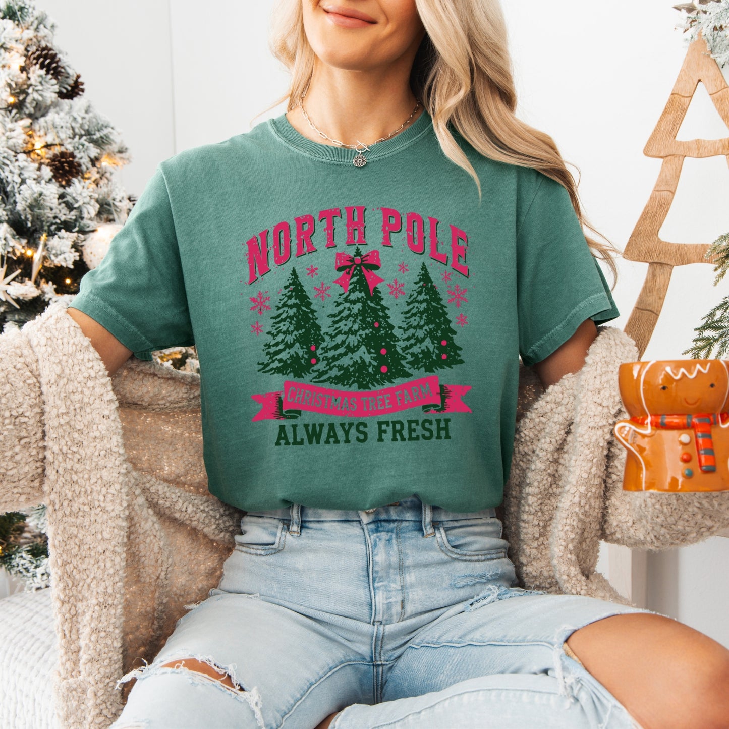 North Pole Christmas Tree Farm, Comfort Colors, Winter Holiday Tshirt, Womens Christmas Tee