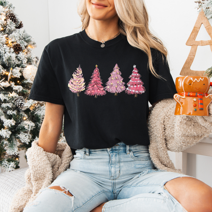 Pink Christmas Tree Comfort Colors, Winter Holiday Tshirt, Womens Christmas Tee