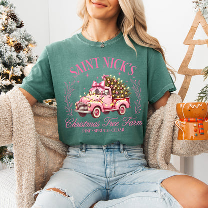 St. Nicks Christmas Tree Farm Pink Graphic Tee, Comfort Colors, Winter Holiday Tshirt, Womens Christmas Tee