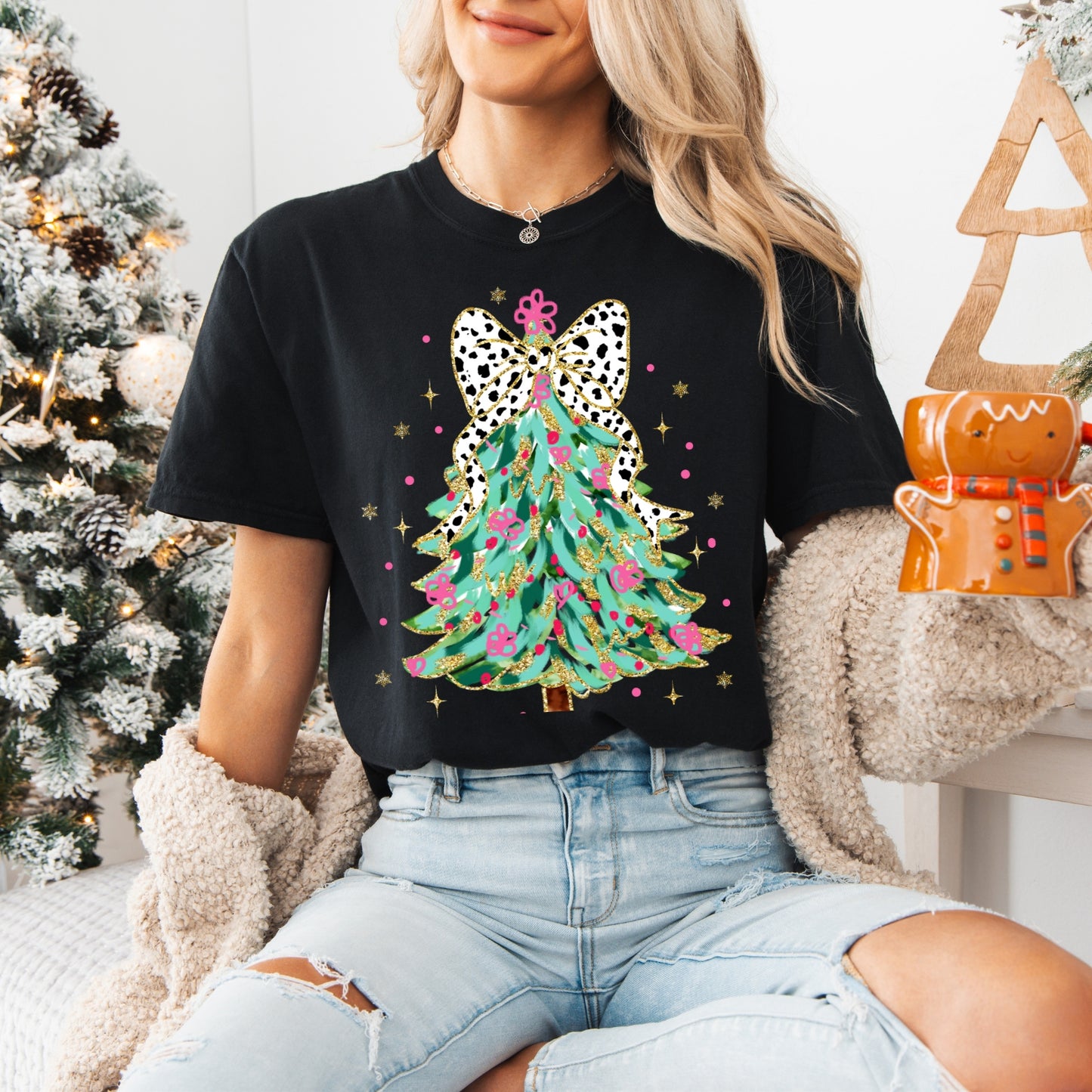 Coquette Glitter Christmas Tree Graphic Tee, Comfort Colors, Women's Holiday Tshirt