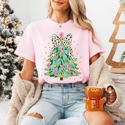 Coquette Glitter Christmas Tree Graphic Tee, Comfort Colors, Women's Holiday Tshirt