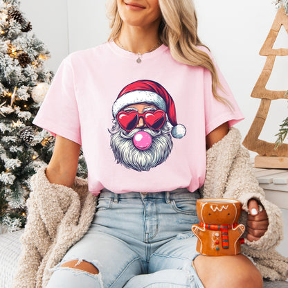 Retro Santa Blowing Bubble Graphic Tee, Comfort Color, Holiday Tshirt, Womens Christmas Tee