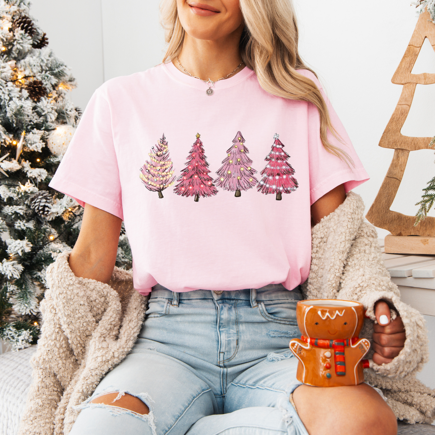 Pink Christmas Tree Comfort Colors, Winter Holiday Tshirt, Womens Christmas Tee