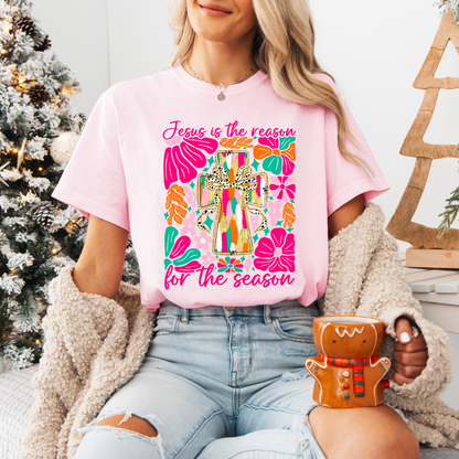 Boho Floral Jesus Is The Reason, Comfort Colors, Winter Holiday Tshirt, Womens Christmas Tee