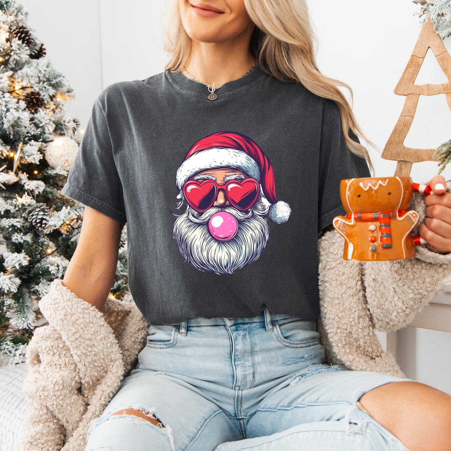 Retro Santa Blowing Bubble Graphic Tee, Comfort Color, Holiday Tshirt, Womens Christmas Tee