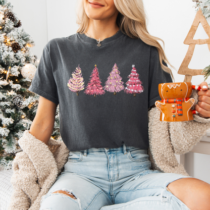 Pink Christmas Tree Comfort Colors, Winter Holiday Tshirt, Womens Christmas Tee