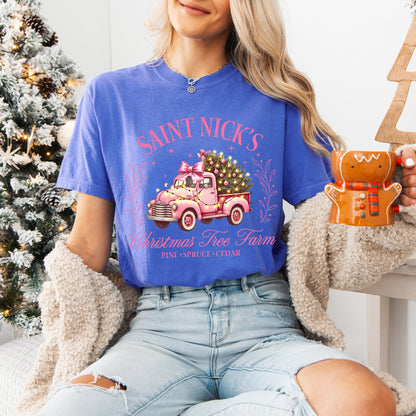 St. Nicks Christmas Tree Farm Pink Graphic Tee, Comfort Colors, Winter Holiday Tshirt, Womens Christmas Tee