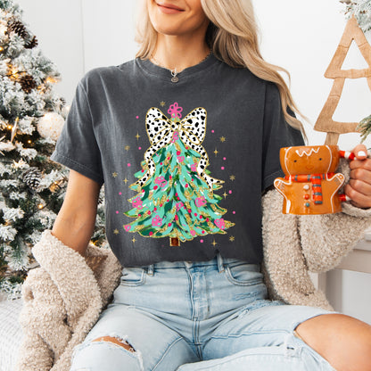 Coquette Glitter Christmas Tree Graphic Tee, Comfort Colors, Women's Holiday Tshirt