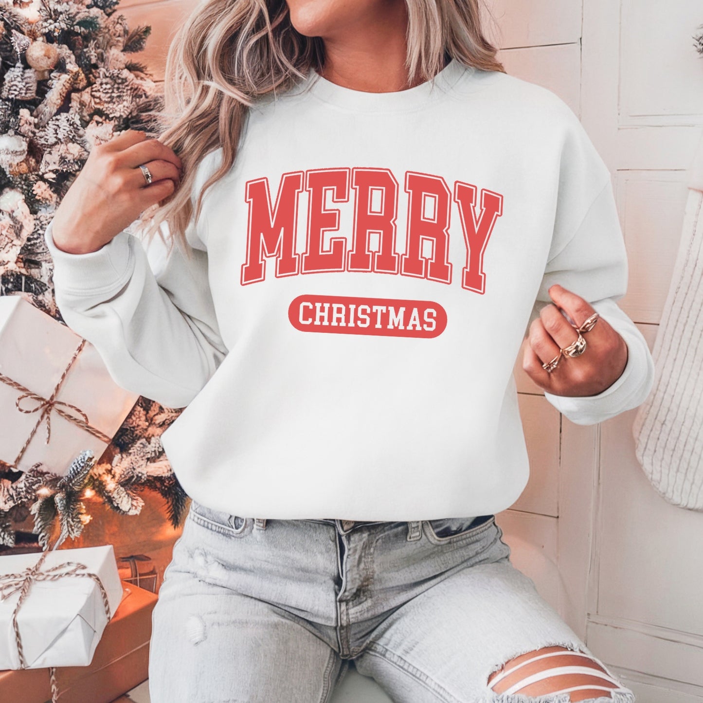 Merry Christmas Embroidered Pullover Sweatshirt, Women's Holiday Crewneck