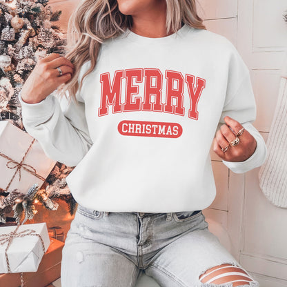 Merry Christmas Embroidered Pullover Sweatshirt, Women's Holiday Crewneck