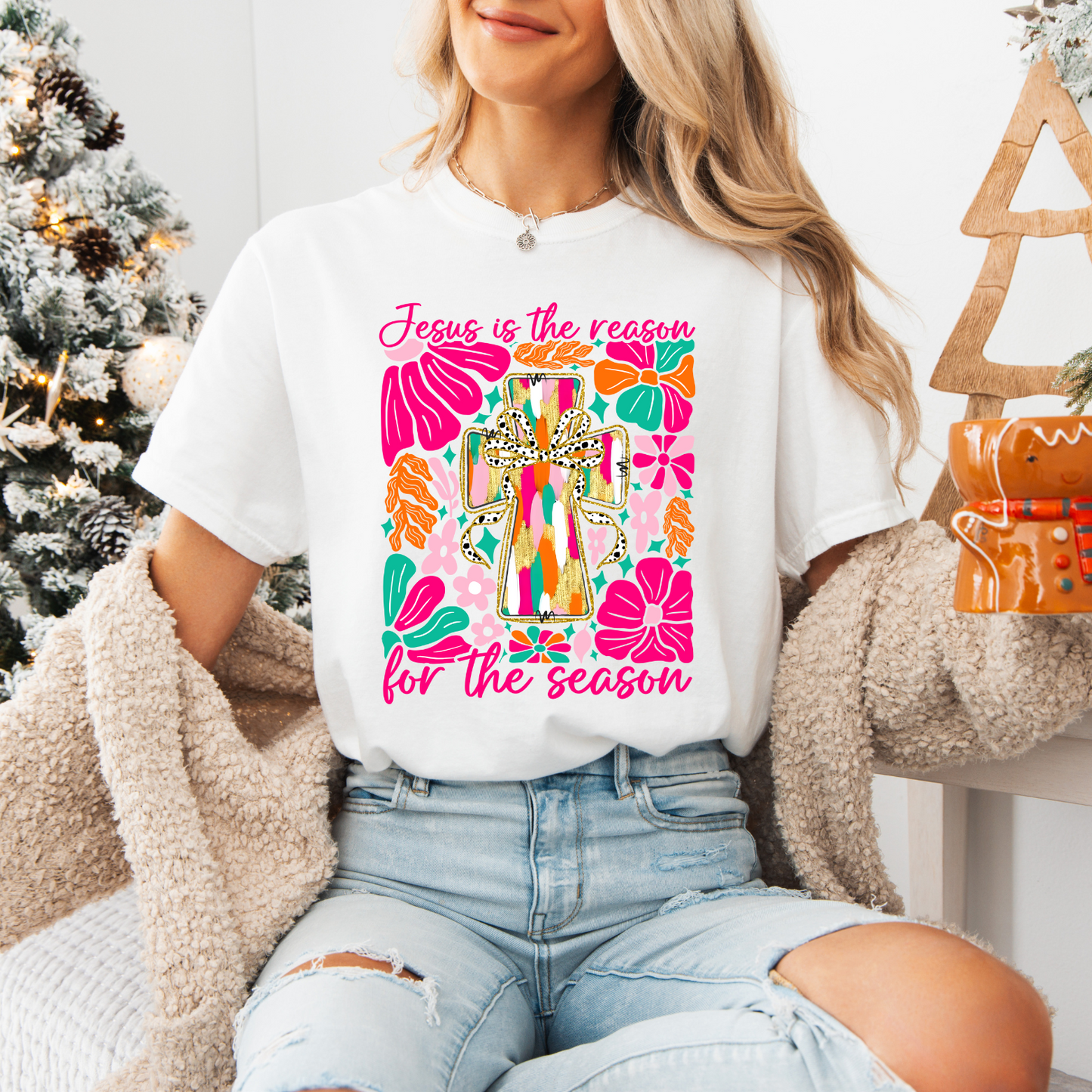 Boho Floral Jesus Is The Reason, Comfort Colors, Winter Holiday Tshirt, Womens Christmas Tee