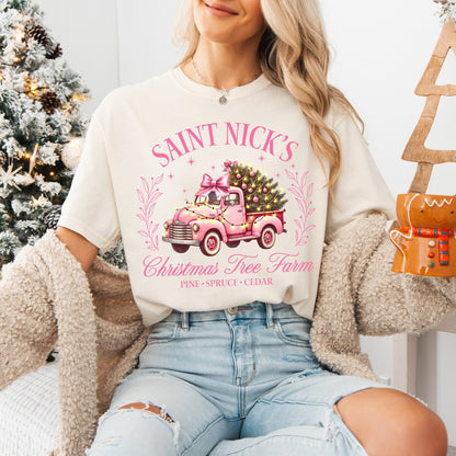 St. Nicks Christmas Tree Farm Pink Graphic Tee, Comfort Colors, Winter Holiday Tshirt, Womens Christmas Tee